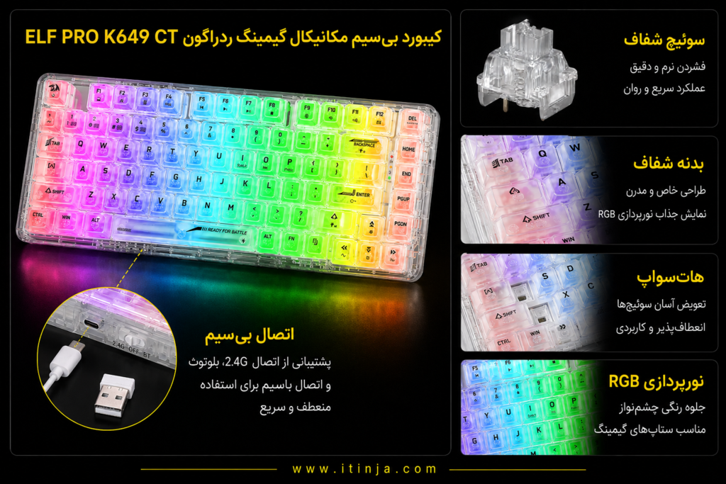کیبورد بی سیم مکانیکال گیمینگ ردراگون ELF PRO K649-CT RGB