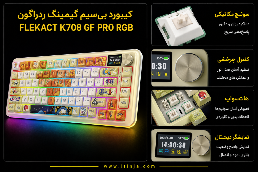 کیبورد بی سیم گیمینگ ردراگون FLEKACT K708 GF PRO RGB